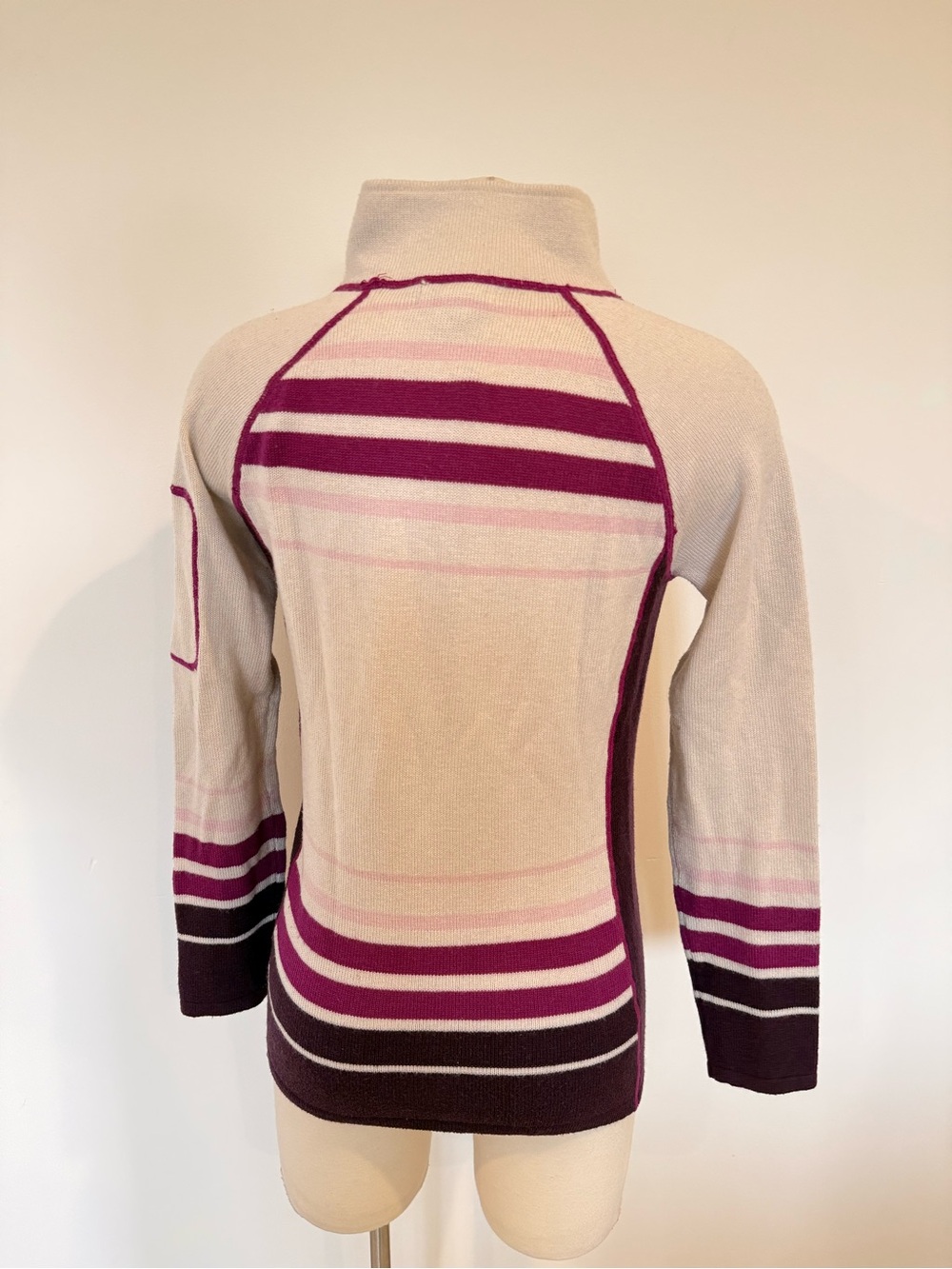 DAKINI Wool Blend Striped Asymmetric Button Collar Sweater Cream Purple Size Med - Picture 6 of 9